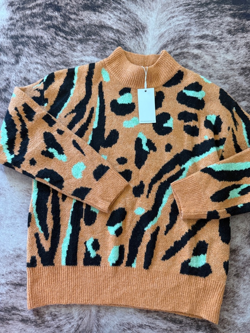 Orange Animal-Print Cowl Neck Sweater with Mint Accents